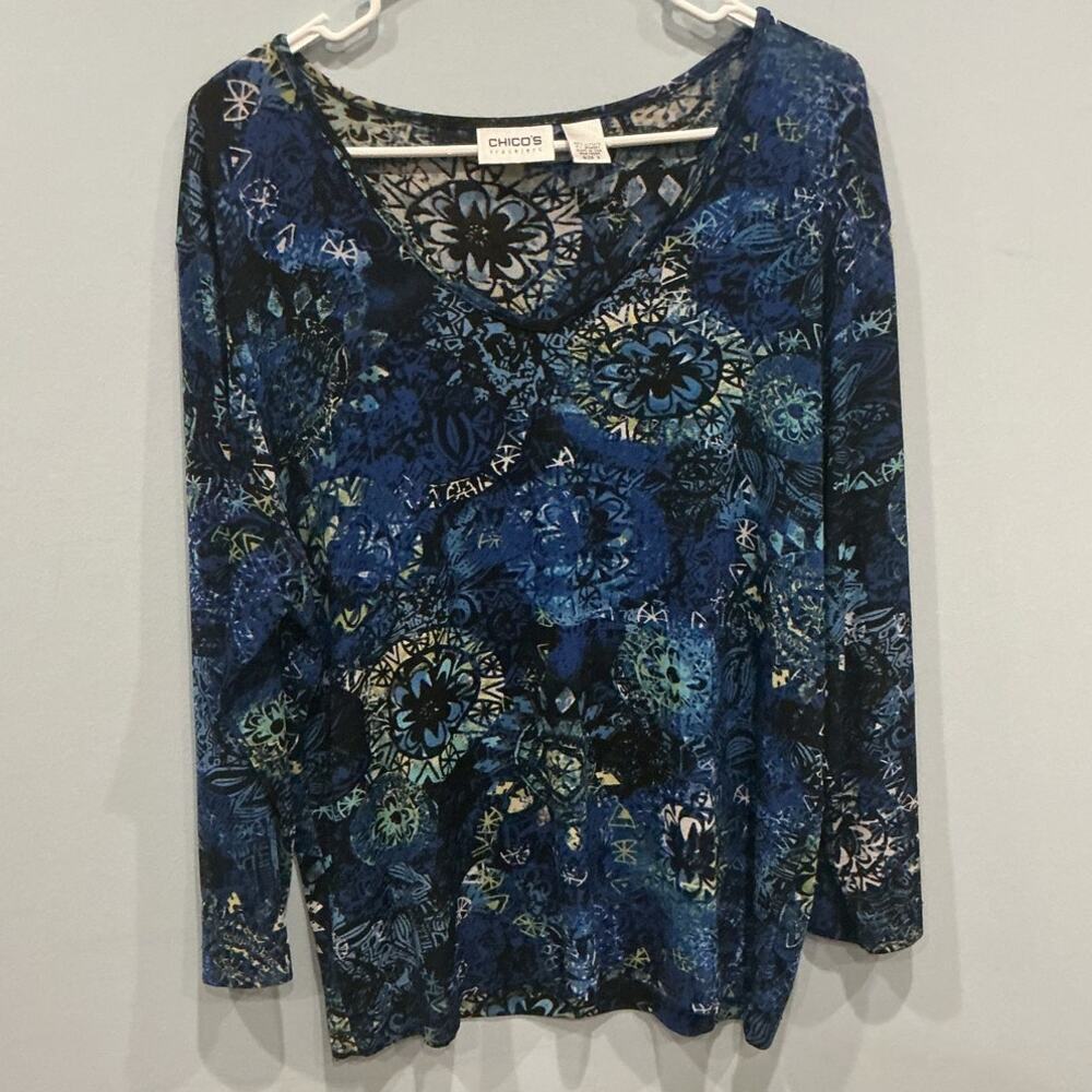 Chicos Travelers Womens V-neck Shirt 3 XL Blue Floral Boho 90s Vacation Airplane